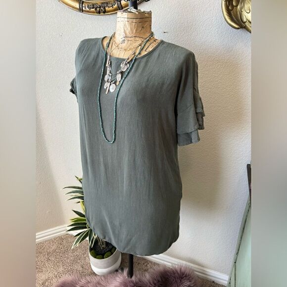 ee: some 100% Linen Olive Green Ruffle Flounce Sleeve Blouse Sz S - Picture 9 of 12